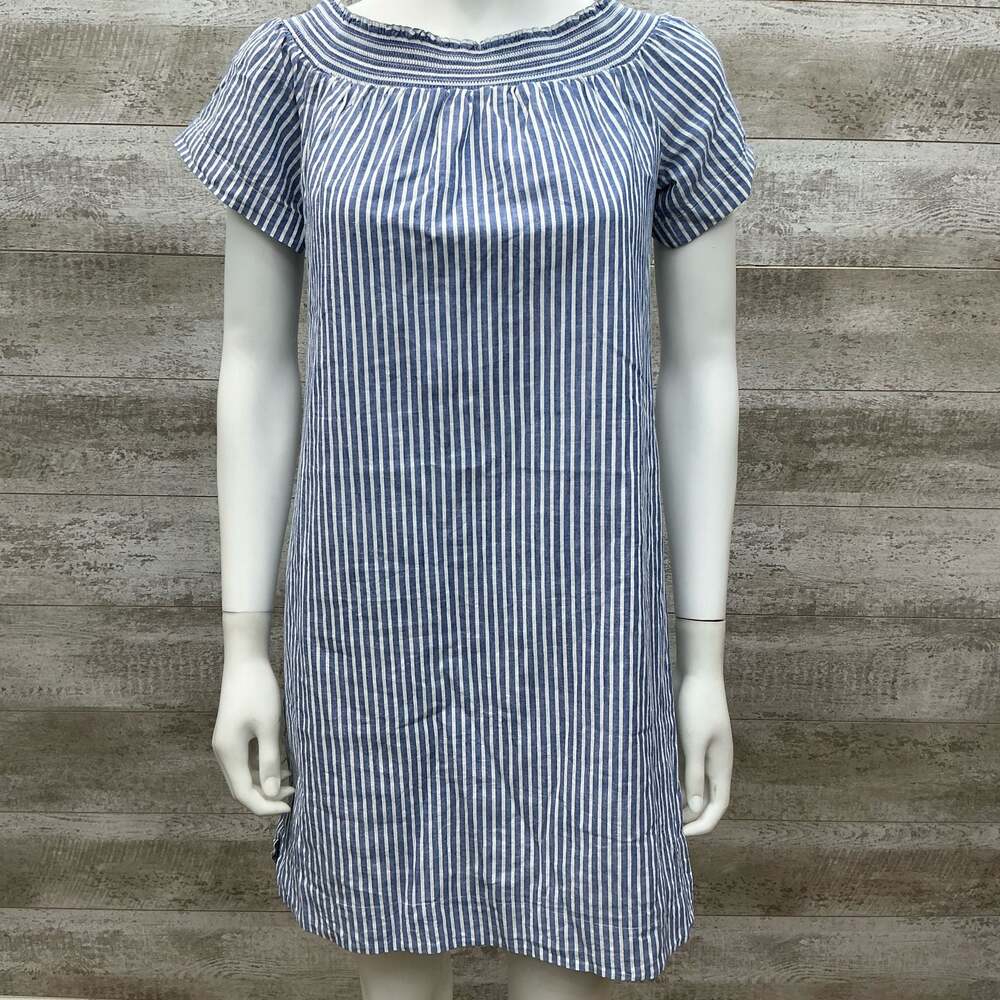 J.Crew Blue and White Striped Smocked Off-Shoulder Dress Size 2